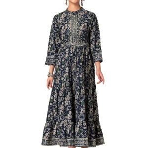Women Navy Blue Floral Print Tiered Dress with Belt (Set of 2)