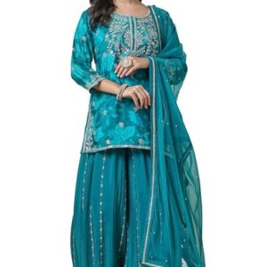 Womens Teal Chinon Blend Floral Print Suit Set with Sequins