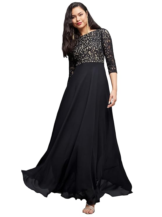 Women's Self Design Boat Neck 3/4 Sleeves Side Pocketed Georgette Fit and Flare Maxi Length Dress