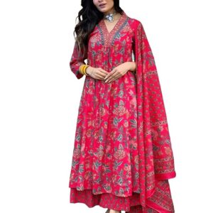 Women's Rayon Viscose Anarkali Printed Kurta with Palazzo & Dupatta