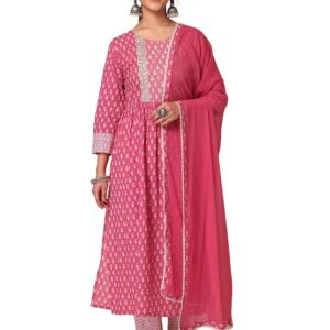 Women Pink Paisley Print Zari Embroidered Cotton Kurta With Pants And Dupatta (Set of 3)
