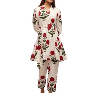 Leriya Fashion White Kurti Set For Woman | V-Neck Straight Kurta Sets for Woman | Summer Co ord Set For Women Stylish | Ethnic Anarkali Suit for Women | Floral Printed Kurtis 3/4 Sleeve