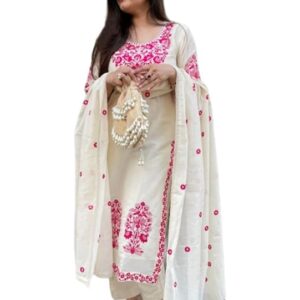 Women's Cotton Embroidered Kurta Set for Women | Cream Kurta with Pants & Dupatta | Floral Neck & Hem Embroidery | Cotton Kurta Set for Women