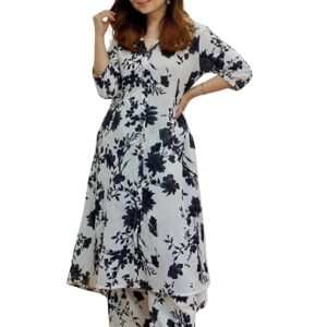 Women's Anarkali Rayon Floral Printed Kurta Pant Set | High-Low Hem & 3/4 Sleeves | Ethnic Co-ord for Festive & Casual Wear | Co ord Set For Women Stylish | 2 Piece Dress For Holiday Look & Puja