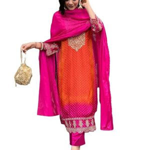 Women's Rayon Blend Straight Embroidered Kurta with Pant & Dupatta