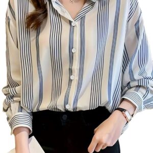 TADKEE Women's V Collared Casual Stylish Long Sleeve Oversized Fit Shirt