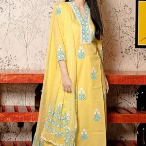 Women's Cotton Blend Straight Hand Block Printed Kurta with Pant & Dupatta | Ethnic Wear for Women | Indian Casual Office Daily Summer Outfit