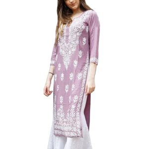 Women's Rayon Blend Straight Fit Straight Chikankari Embroidered Kurta