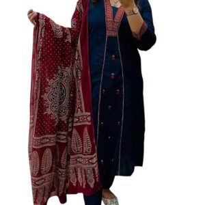 ANNI Designer Navy Blue Pure Cotton A-Line Kurta Pant Dupatta Set for Women | Embroidery 3 Piece Suit with Straight Pants & Matching Dupatta | Festive Office Ethnic Wear