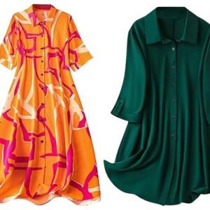 Women's Shirt Dress | Knee Length Dresses | Loose Fit | Button-Down | 3/4 Sleeve | Vacation Outfit (Pack of 2 | Value Pack)