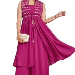 Women's Pink Georgette Sequined Front Slit Kurta with Crop Top Palazzo Set