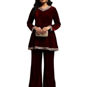 Leriya Fashion Velvet Kurta Set for Women | Kurti Set for Woman | Short Kurti for Women Latest | Kurtis | Kurta Sets for Woman | Co ord Set for Women Stylish | Ethnic Velvet Straight Kurta Set with Palazzo Pants | Salwar Suit for Party Outfits
