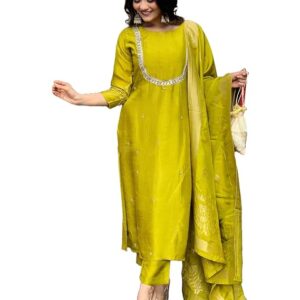 Women's Silk Blend Straight Embroidered Kurta with Pant & Dupatta