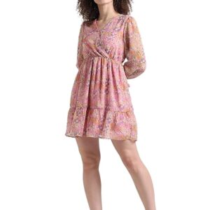 Women Above The Knee Floral Printed Puff Sleeves V-Neck Gathered Chiffon Fit & Flare Dress