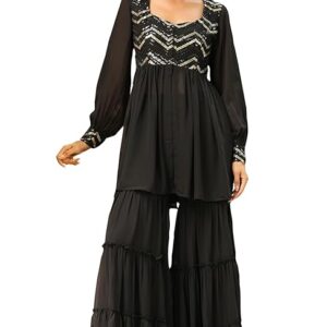 Women's Georgette Sequined Front Slit Gathered Tunic & Sharara Set