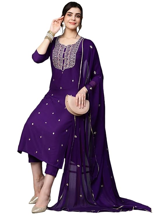 Women’s Cotton Blend Embroidered Kurta Set with Pant & Dupatta – Straight Calf‑Length, 3/4 Sleeve, Round Neck – Elegant Ethnic Attire (5 Colors, S–5XL)