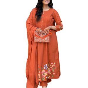 Women's Rayon Viscose Embroidered Anarkali Kurta with Pant and Dupatta | Three Piece Ethnic Kurta Set for Women with Elegant Design