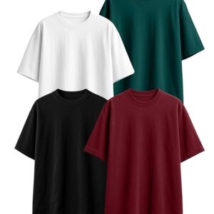 Veirdo® 100% Pure Cotton Oversized Loose Fit Half Sleeve Solid Core Round Neck Multicolor T-Shirt Combo for Men & Boys (Pack of 4)