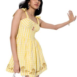 The Souled Store Disney: Bonjour Women and Girls Sleeveless Sweetheart Neckline Yellow Gingham Check Polyester Cotton Blend A-Line Holiday Ready Lightweight Casual Dress