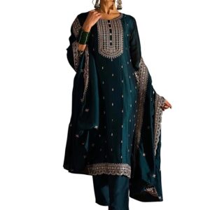 Women's Embroidered Silk Blend Calf Length Straight Kurta Pant And Dupatta Set (KH9MR6194)