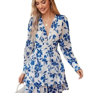 Women’s V-Neck Floral Print Ruffle Long Sleeve A-Line Mini Dress | Elegant Casual Party Outfit | Lightweight Layered Summer Wear