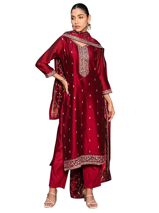 Women's Embroidered Silk Blend Calf Length Straight Kurta & Pant with Dupatta Set (KH9MR6132)