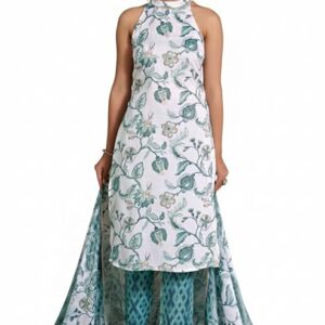 Womens Floral Printed Regular Fit Kurta with Geometric Pant & Dupatta | Halter Neck | Sleeveless | Viscose Blend Salwar Suit | Ethnic Wear