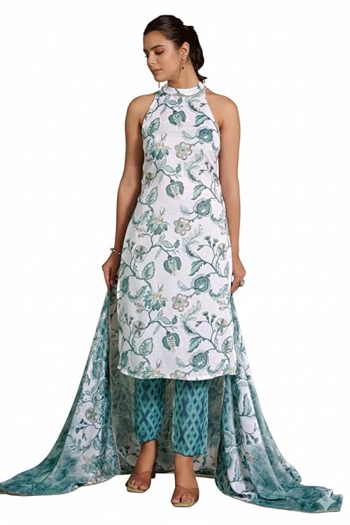 Womens Floral Printed Regular Fit Kurta with Geometric Pant & Dupatta | Halter Neck | Sleeveless | Viscose Blend Salwar Suit | Ethnic Wear