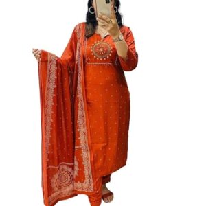 Women's Rayon Viscose Straight Embroidered Kurta with Pant & Dupatta
