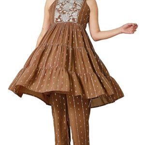Women's Brown Georgette Embellished Tiered Kurta with Palazzo Set