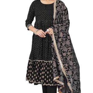 Women's Black Rayon Gold Printed Anarkali Kurta Set
