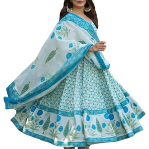Women's Rayon Viscose Printed Anarkali Kurta with Pant & Dupatta | Anarkali Suit for Women | Pure Cotton Suit Set for Women | Block Print Kurta Palazzo Dupatta Set