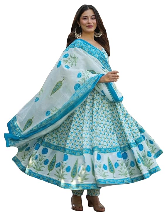 Women's Rayon Viscose Printed Anarkali Kurta with Pant & Dupatta | Anarkali Suit for Women | Pure Cotton Suit Set for Women | Block Print Kurta Palazzo Dupatta Set