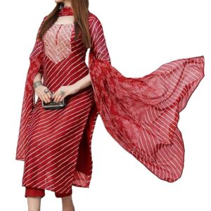 Women's Cotton Blend Straight Printed Kurta with Pant & Dupatta