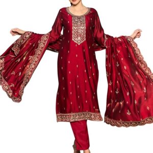 Womens Silk Blend Embroidered Calf Length Straight Kurta Pant Dupatta Set (KH9MR6129)
