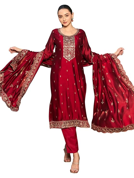 Womens Silk Blend Embroidered Calf Length Straight Kurta Pant Dupatta Set (KH9MR6129)