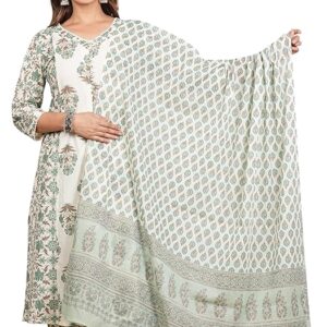 Women's Cotton Cambric Floral Print Calf Length V-Neck with Lace and Potli Button Detaling 3/4 Sleeves Straight Kurta with Pant and Duptta (Multi)