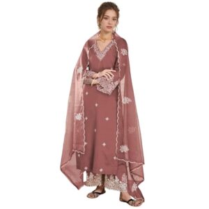 Women's Embroidered Chanderi Kurta Pant Set With Net Dupatta | V Neck, 3/4 Sleeve Ethnic Set | Outfit for Festive & Office Wear (1657 Kurta Set)