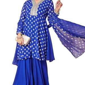 Women's Royal Blue Georgette Embellished Gold Printed A-line Kurta with Sharara & Dupatta Set