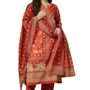 Women's Rust Orange Cotton Blend Floral Printed Pakistani Straight Kurta Set