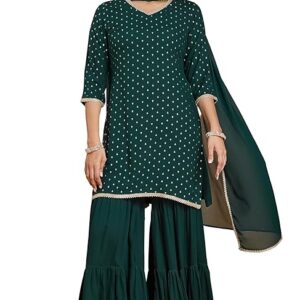 Women's Dark Green Rayon Embellished Foil Printed Kurta with Sharara & Dupatta Set
