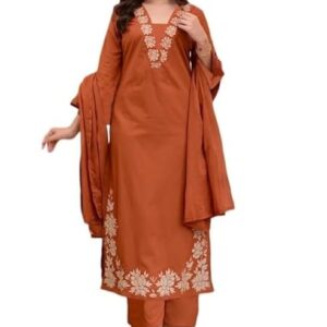 Women Solid Embroidery Kurta and pant set With Dupatta
