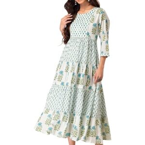 Indya Color Block Cotton Round Neck Women's Casual Wear Anarkali Kurta