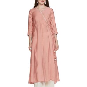 Women's Muslin Regular Fit Angrakha Zari Embroidered Kurta