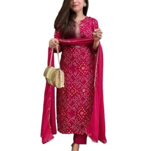 Women's Rayon Blend Straight Bandhej Printed Kurta with Pant & Dupatta