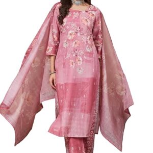 Women's Pink Cotton Blend Floral Printed Straight Kurta Set
