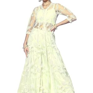 LYMI LABEL Fusion Set For Women - Solid Spaghetti Satin Top With Palazzo and Net Chain Stitched Work jacket Fusion Set For Festive Ethnic Wear