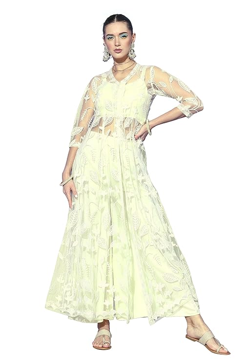 LYMI LABEL Fusion Set For Women - Solid Spaghetti Satin Top With Palazzo and Net Chain Stitched Work jacket Fusion Set For Festive Ethnic Wear