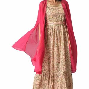 Women Printed Flared Inner Maxi Dress and Gilet Set