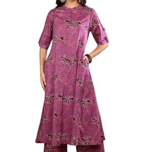 Women’s Pure Cotton Printed Kurta and Pant Set with Mandarin Collar, 3/4 Roll-Up Sleeves, Side Pockets & Flared A-Line Silhouette – Comfortable Ethnic Co-ord Set